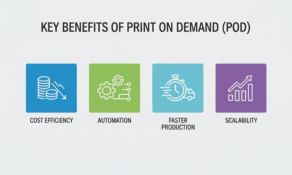 Key benefits of Print on Demand: cost efficiency, faster production, and automation for businesses.