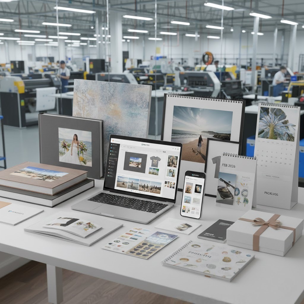 Print on demand services setup featuring personalized photo books, calendars, prints, and custom merchandise produced at scale for business use