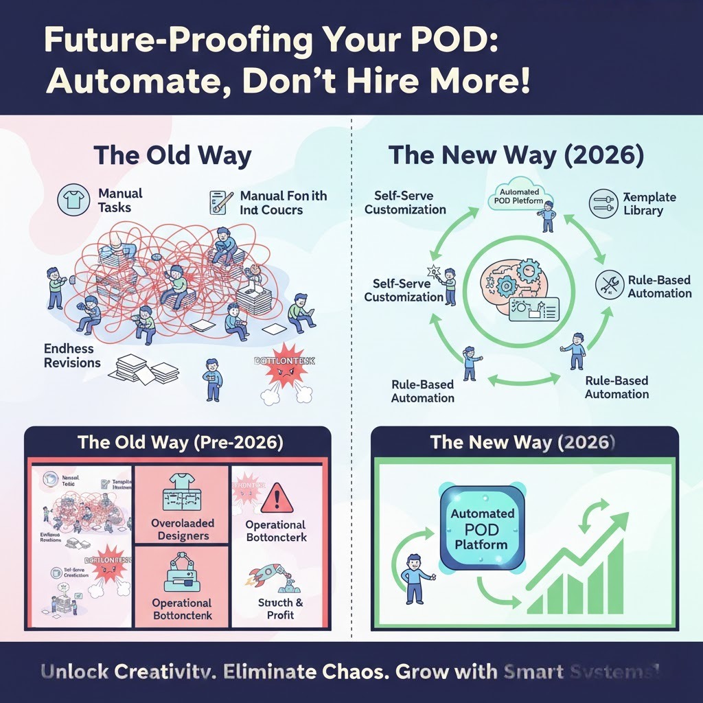 Future-proof print on demand business model using automation instead of hiring more designers, illustrated with EzyCreate POD solutions