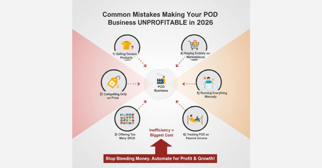 Common print on demand business mistakes in 2026 showing how inefficiency impacts profits, explained with EzyCreate automation insights