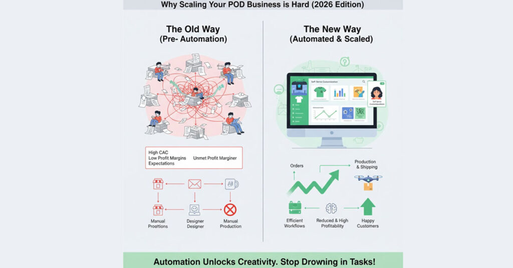 Comparison of manual vs automated print on demand workflows in 2026, showing how EzyCreate helps scale POD businesses