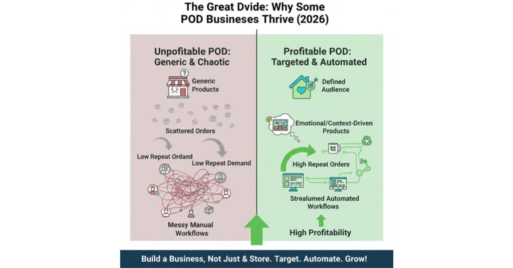 Difference between unprofitable and profitable print on demand businesses with targeted automation strategies powered by EzyCreate
