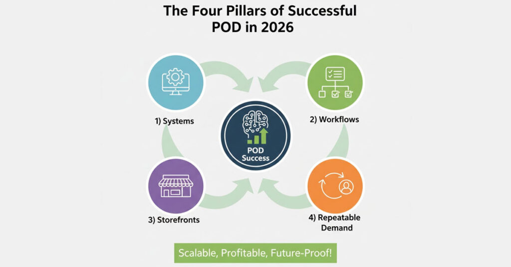 Four pillars of successful print on demand businesses in 2026 including systems, workflows, storefronts, and repeat demand powered by EzyCreate