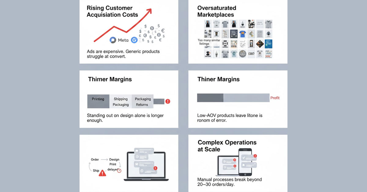 Challenges faced by print on demand companies including rising customer acquisition costs, thin margins, oversaturated marketplaces, and complex operations