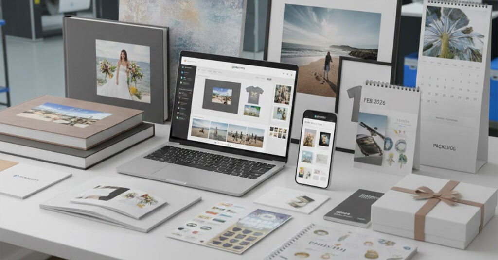 Print on demand services setup featuring personalized photo books, calendars, prints, and custom merchandise produced at scale for business use