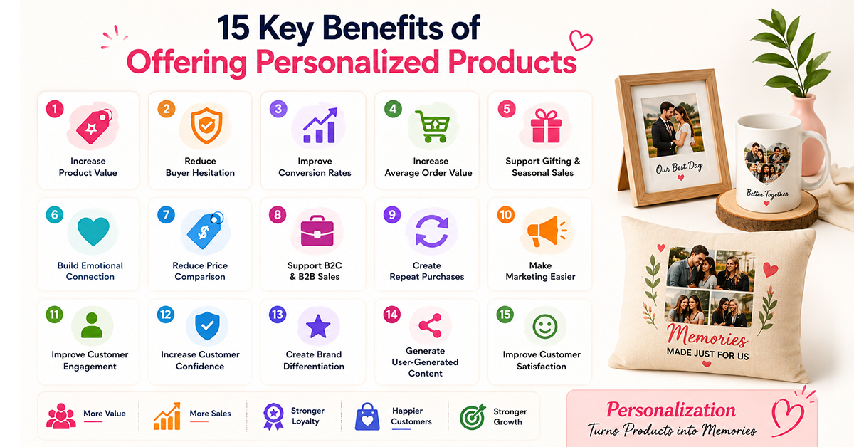 Three tiers of personalized POD products — entry level stickers, core mugs and t-shirts, and premium canvas prints 